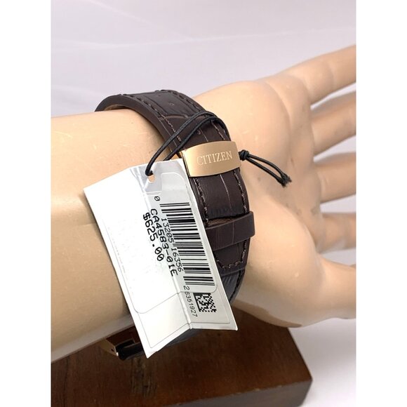 Citizen Mens Watch CA4583-01E Eco Drive Chronograph Rose Gold Brown Leather Band - Picture 11 of 15